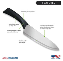 The Anthem French Chef Knife has a large cutting surface that rocks back and forth, making dicing and mincing easy and enjoyable, while the offset handle keeps your knuckles safely away from the super-sharp blade.  Our Anthem Wave series offers more than just stylish handles. All Anthem Wave knives combine our famous, super-sharp Rada blades with reimagined handles featuring modern style, an ergonomic grip, and a balanced weight that feels great in your hand. All Rada knives are backed by our Lifetime Guara